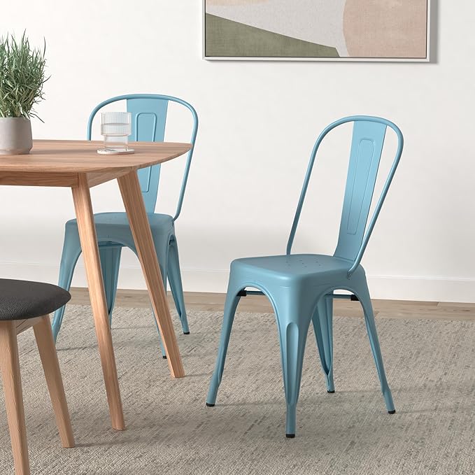 Nazhura Metal Dining Chair Farmhouse Tolix Style for Kitchen Dining Room Café Restaurant Bistro Patio, 18 Inch, Stackable, Waterproof Indoor/Outdoor (Sets of 4) (Blue)