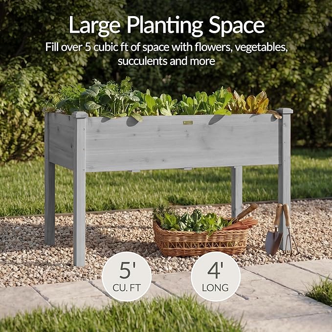 Best Choice Products 48x24x30in Raised Garden Bed, Elevated Wood Planter Box Stand for Backyard, Patio, Balcony w/Bed Liner, 200lb Capacity - Gray