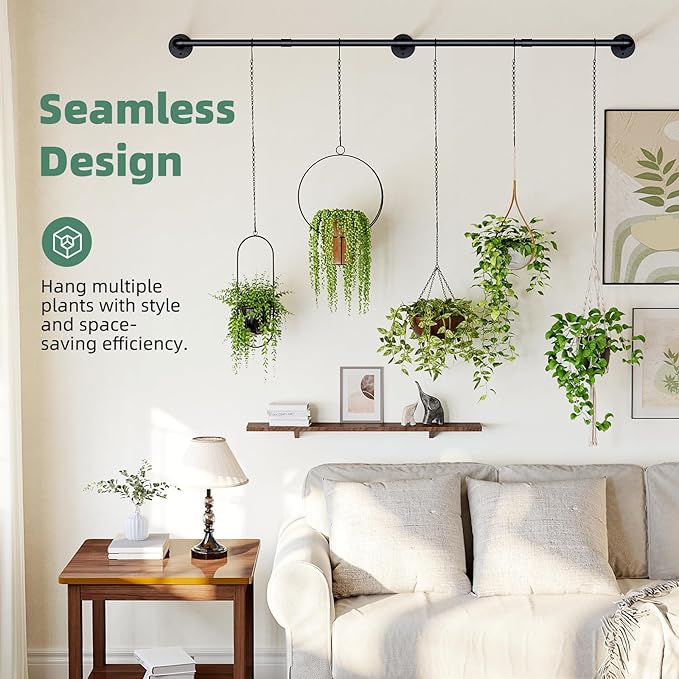 Plant Hanger Indoor with 6 Hanging Chains Hanging Planters for Indoor Plants Hanging Plant Holder Window Plants Rod Black Metal Shelves(70.8 Inch Pot not Included