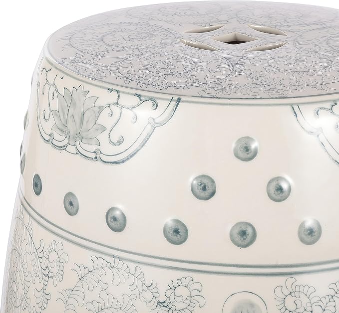 JONATHAN Y TBL1013C Double Happiness 18" Chinoiserie Ceramic Drum Indoor/Outdoor Garden Stool Bohemian, Coastal, Classic, Cottage, Traditional, Patio, Garden, Bathroom, Living Room, Gray Blue/White