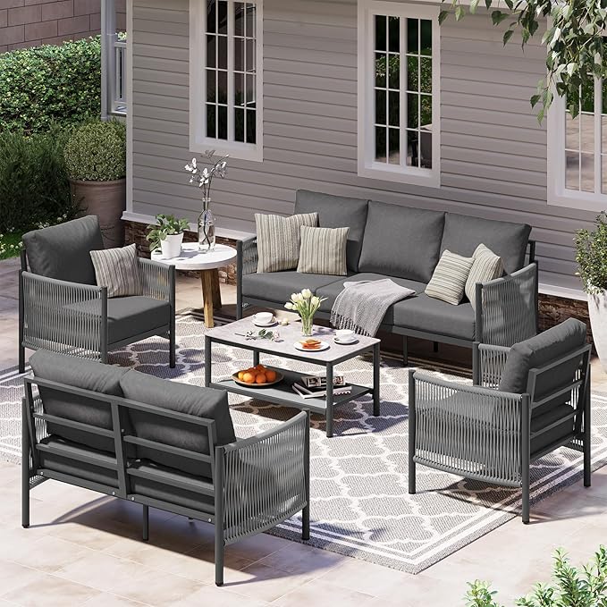 Aluminum Outdoor Patio Furniture Set with Dual-Layer Coffee Table, 5 Piece Modern Patio Conversation Sets with PE Rope, Outdoor Sectional Sofa with Thick Cushions for Balcony, Deck, Charcoal