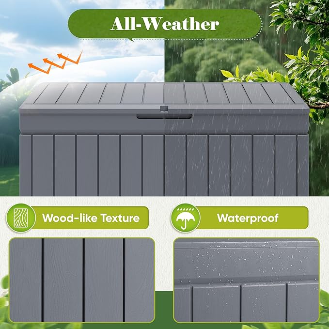 Flamaker Outdoor Storage Box 80 Gallon Resin Waterproof Deck Box Delivery Box with Wood Texture Large Storage Bin for Patio Cushions, (Grey)