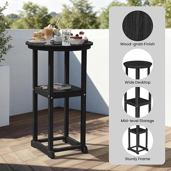 Ciokea 3-Pcs Bistro Table and Chairs, All-Weather Round High Top Bar Table with Storage Shelf and 2 Oversized Adirondack Chairs, Heavy Duty Outdoor Bar Set Patio Bistro Set for Balcony Deck, Black