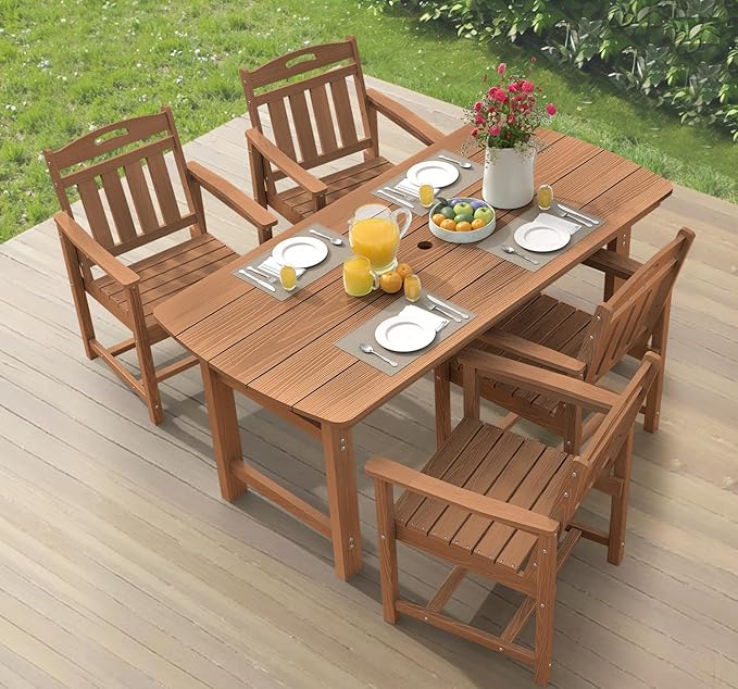 Ciokea HDPE Outdoor Dining Set, 5-Piece Patio Table and Chairs Set with Umbrella Hole, All-Weather Patio Dining Sets for 4, Durable Patio Furniture for Backyard, Garden, Lawn & Poolside, Teak