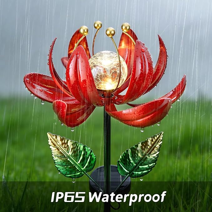 Solar Lights Outdoor Garden Decor, Solar Wind Spinner Yard Decorations Gifts for Outside, Lotus Windmill Pathway with LED Cracked Crystal Ball Waterproof Flower Sculpture for Patio Lawn