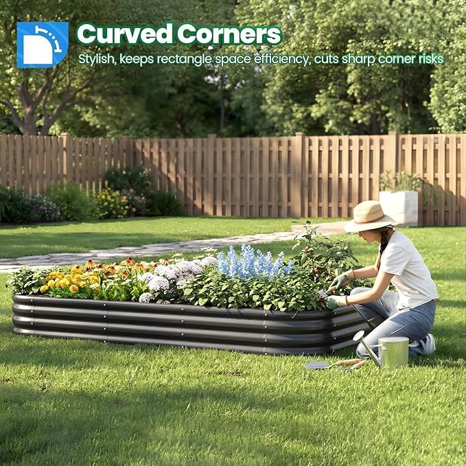 Quictent Galvanized Raised Garden Bed Kit, 8x4x1 ft Oval Metal Planter Box for Vegetables, Strengthened by Crossbar, Dark Gray, 2PCS