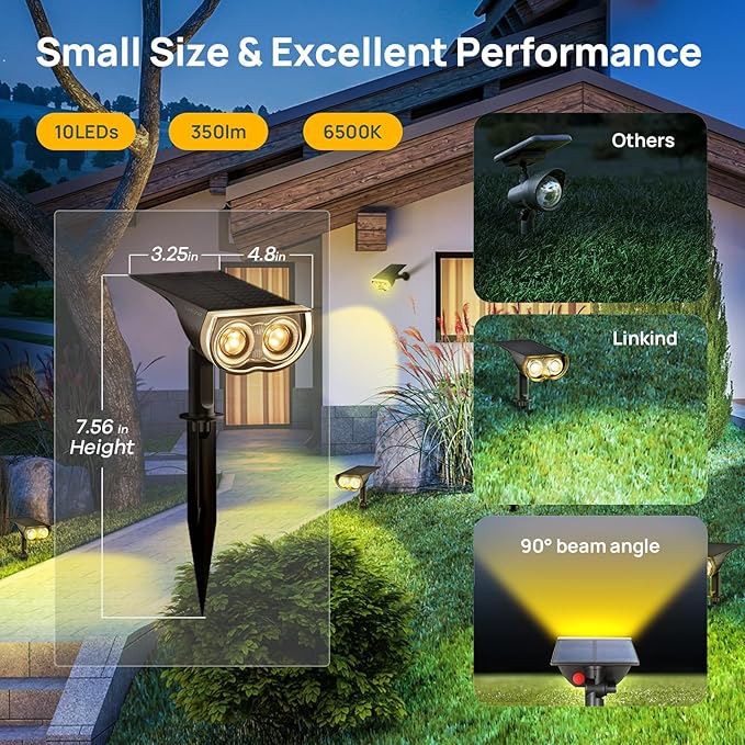 Linkind Solar Lights Outdoor StarRayS, Bright Solar Spot Lights Outdoor, IP67 Waterproof Spotlights for Landscape Garden Yard Walkway Patio Tree（Warm White, 6 Pack）