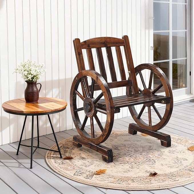 VINGLI Rustic Wooden Patio Chair with Wagon Wheel Armrests, Outdoor Dining Chairs Solid Wood Frame Seating for Farmhouse Garden Porch Lawn Balcony (Rustic, Chair)