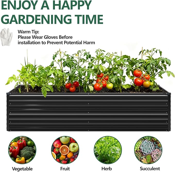 Vengarus 12x4x2FT Galvanized Raised Garden Bed Kit, Large Rectangle Elevated Planter for Vegetables, Flowers, Herbs and Succulents - 718 Gallon Capacity, Black