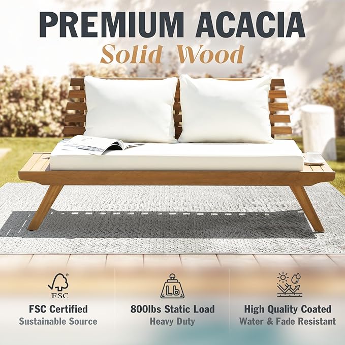 Idzo Lucille Updated 800lbs Capacity Acacia Patio Loveseat, FSC Certified 2 Seater Outdoor Sofa with 3.9in Thick Cushions, Teak Finish Porch Couch for Garden Backyard