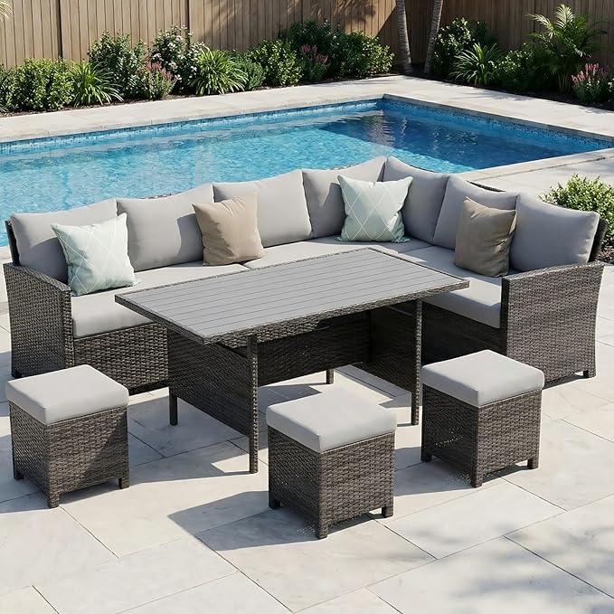 Wisteria Lane 7 Piece Patio Furniture Set, High Curved Back Wicker Patio Sectional, All Weather Outdoor Dining Set, Outdoor Furniture Patio Conversation Set with Ottoman, Ash Gray