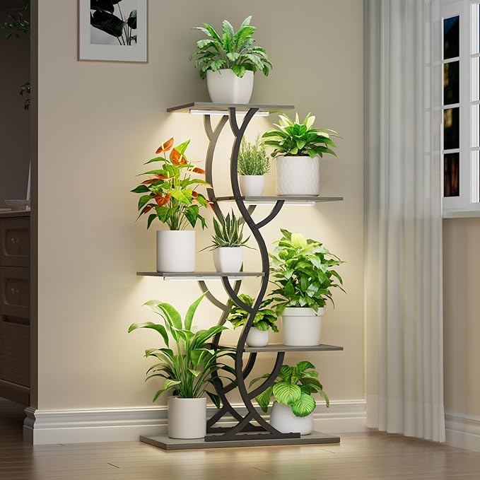 Plant Stand Indoor with Grow Lights - 44" Tall Corner Plant Stands for Indoor Plants, 5 Tiered Metal Plant Shelf, Curved Plant Flower Holder Dispaly Rack for Living Room, Home Patio Balcony (Gray)
