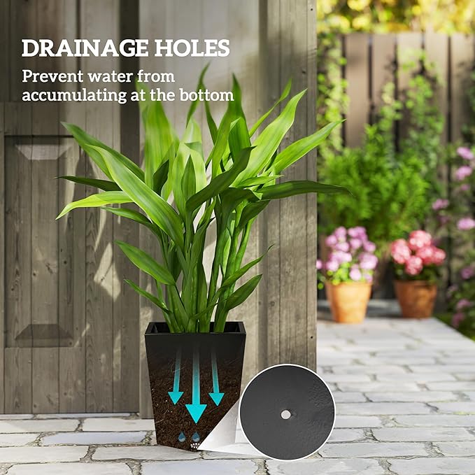 Outsunny Set of 3 Tall Planters, 18", 15.25", 11.75", MgO Indoor Outdoor Planters with Drainage Holes, Stackable Flower Pots for Garden, Patio, Balcony, Front Door, Black