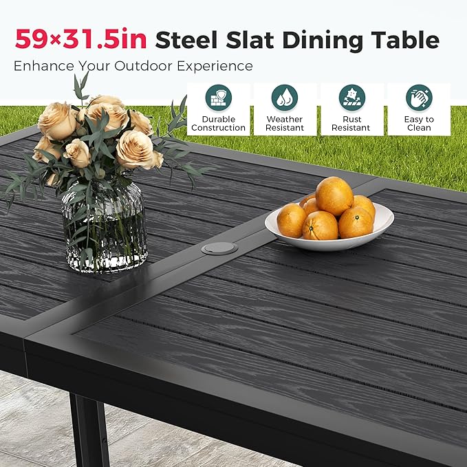 Pamapic Outdoor Dining Sets for 6, Rectangular Steel Slat Table with 6 Plastic Chairs, 7 Piece Patio Table and Chairs Set with Adjustable Umbrella Hole for Garden, Backyard, Poolside (Black)
