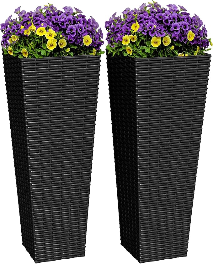 Greesum 24 Inch Tall Plastic Planters with Rattan Texture – Set of 2, Detachable Inner Pot & Drainage Holes, Indoor/Outdoor Decorative Flower Pots for Large Plants, Trees, Patio, and Garden, Black