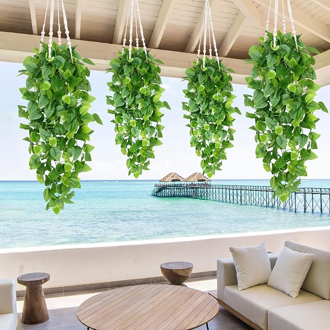Waipfaru Fake Hanging Plants, 4pcs Artificial Hanging Plant, Faux Ivy Pothos Vines Greenery for Wall Home Bedroom Living Room Aesthetic Kitchen Office Aesthetic Kitchen Indoor Outdoor Decor