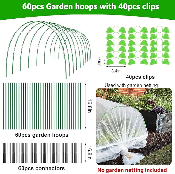 60pcs Garden Hoops for Raised Beds Wide, 8ft Greenhouse Hoops Grow Tunnel for Row Cover Netting, Adjustable Fiberglass Rust-Free Garden Bed Plant Hoops Support DIY Frame Stake for Outdoor, 40pcs Clips