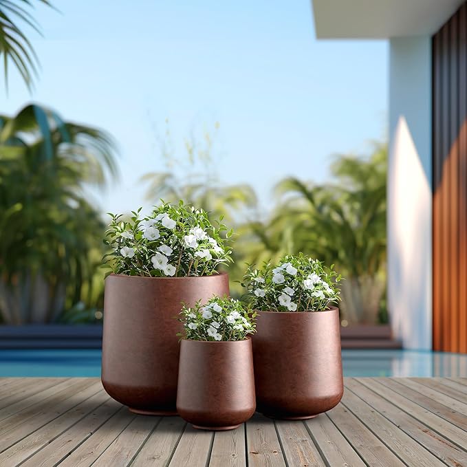 Kante 15.3"+11.6"+8.2" Dia Round Concrete Planter, Large Outdoor Indoor Planter Pots Containers with Drainage Holes and Rubber Plug for Home Garden Patio, Rusty