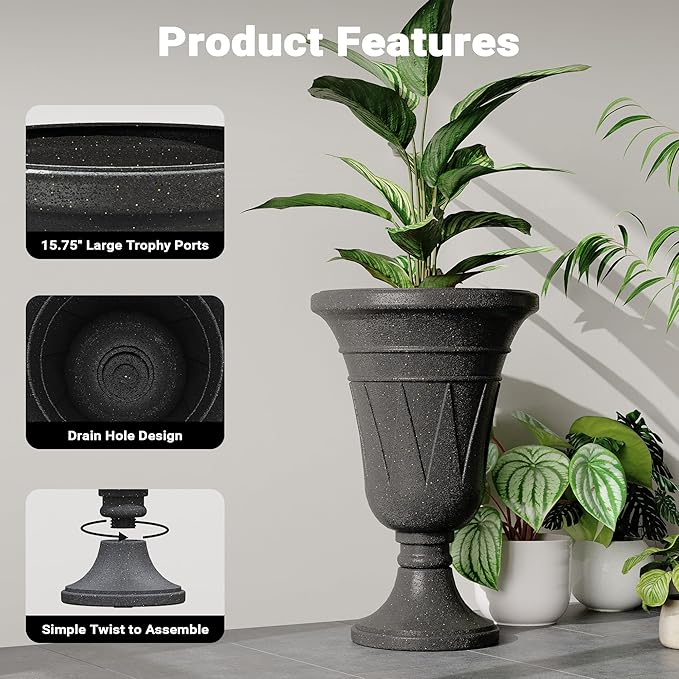 23" Tall Planters for Outdoor Plants Set of 2, Planter with Drainage Holes and Trophy Design, Large Outdoor Planters for Porch, Garden, Black
