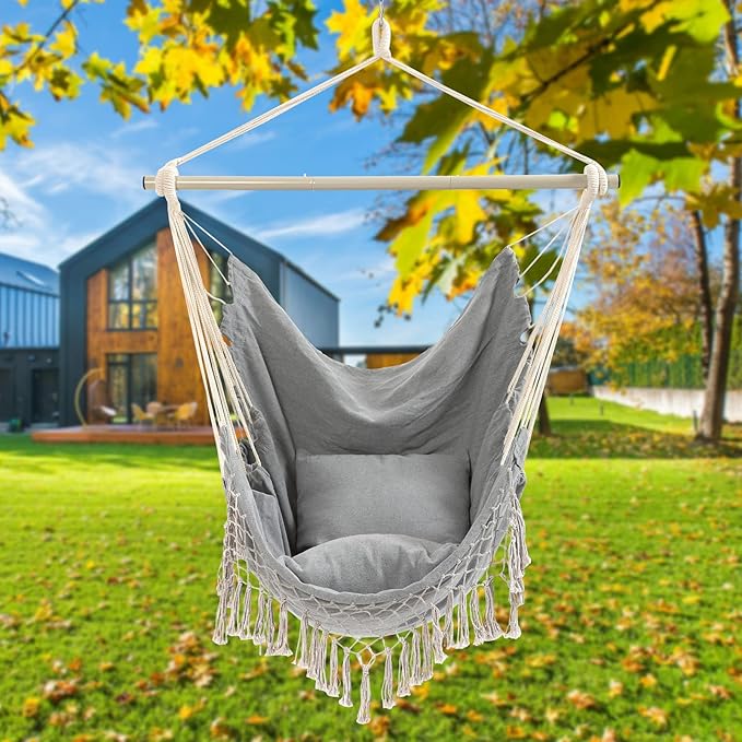 Hammock Chair, Hanging Rope Swing Seat with 2 Cushions,Macrame Hanging Chair Side Pocket with High Load-Bearing Metal Rod,for Indoor, Outdoor, Extra Comfortable
