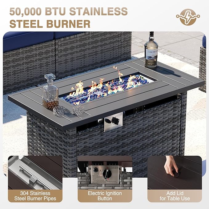 Aoxun Patio Furniture Sets, 12-Piece Outdoor Patio Furniture with 44'' Propane Gas Firepit Table, Wicker Outdoor Conversation Set Sectional Sofa for Backyard, Poolside, Garden