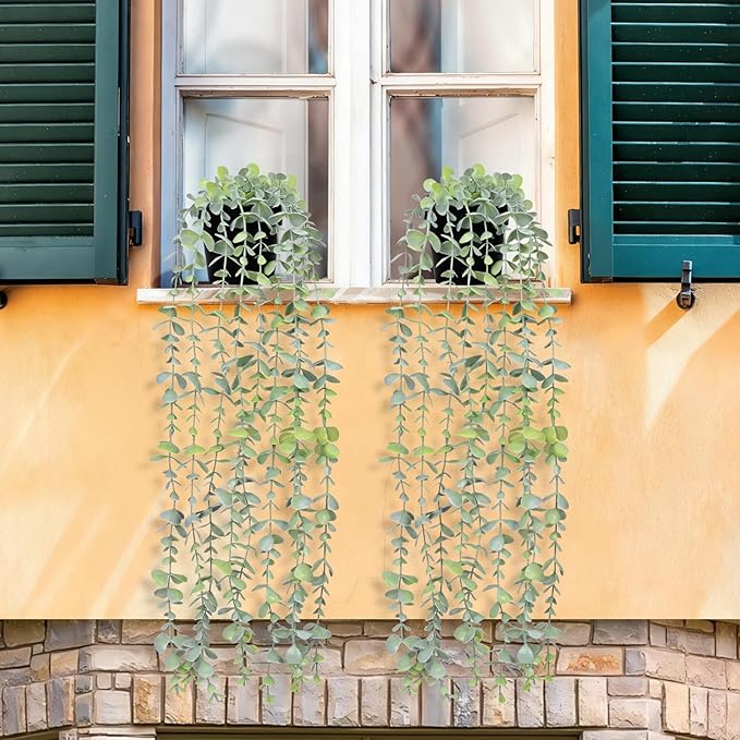 Waipfaru 2Pcs Fake Hanging Plants with Pot Light Green Eucalyptus Leaves UV Resistant Fake Vines Ivy Artificial Plants Outdoor Faux Plants Indoor Bedroom Living Room Boho Wall Porch Shelf Decor