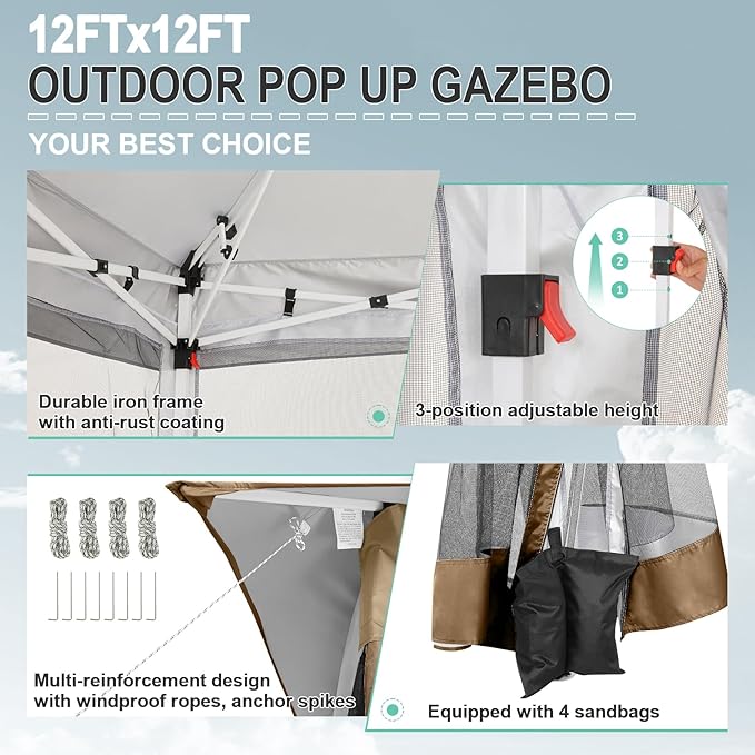 COBIZI 12x12 Pop up Gazebo on Clearance Canopy Tent, carpas para Patio, Outdoor Canopy with Portable Carrying Bag for Vendor, Outdoor Patio Gazebo for Garden, Backyard,Beach, Brown