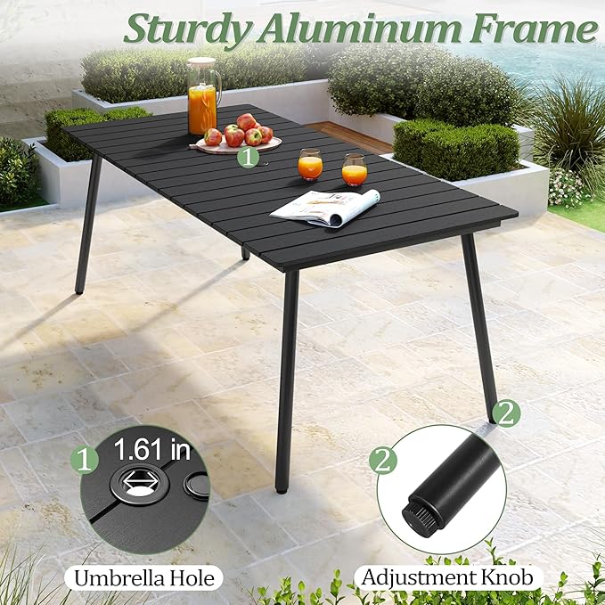 70" Patio Outdoor Dining Table for 6, Weather-Resistant Aluminum Frame with Wood-Grain Top & Umbrella Hole for Deck Gatherings, Black