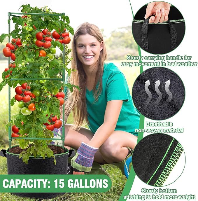 ANPHSIN 3 Sets Tomato Cages with 15 Gallon Grow Bags - 48" Stable Plant Garden Planter, Flowers Vegetable Trellis Pots for Tomato Vertical Climbing Plants Vines