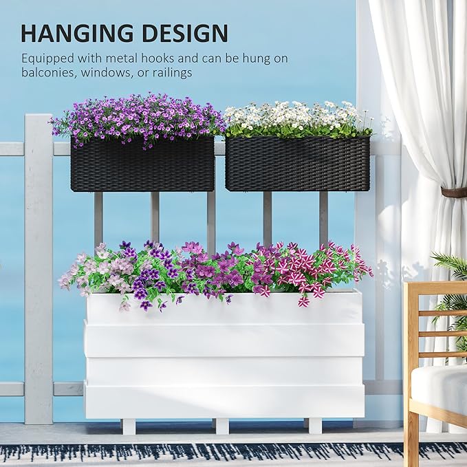 Outsunny Railing Planter Box (2 Pack, 20 Inch), Hanging Flower Pots with Hooks, Drainage Holes for Fence, Balcony, Garden, Patio, Rattan Look, Black