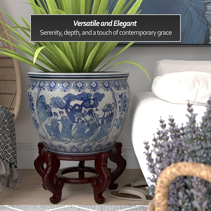 Red Lantern Large 20" Ladies Blue & White Porcelain Fishbowl Planter or Cachepot for Indoor/Outdoor Use in Garden Entryway Living Room Boho Eclectic Modern Contemporary Classic Traditional Style Decor