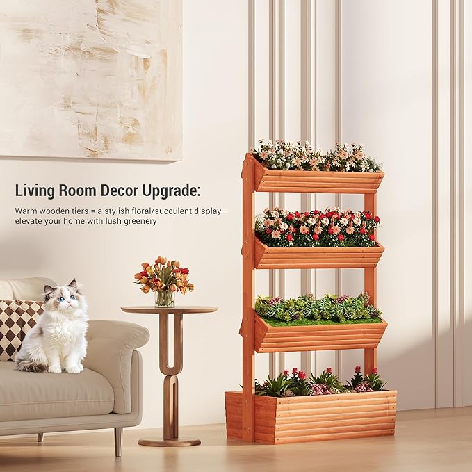 Vertical Wooden Raised Garden Bed Planters Wood Planter Kit Plant Stand Flower Rack Planter Box Gardening for Plants Herbs Flowers Vegetables Outdoor Indoor Freestanding (Orange 4-Tier)