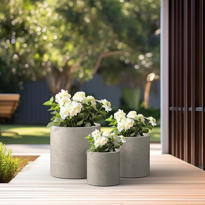 Kante 9.8",12.6",15.7" Dia Round Concrete Planter Set of 3, Modern Style Large Cylindrical Plant Pot with Drainage Hole and Rubber Plug for Indoor Outdoor Patio, Weathered Concrete
