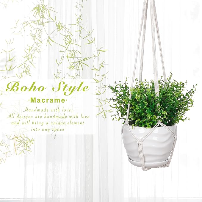 YIBOT 3 Pack Macrame Plant Hanger Indoor Hanging Planter for Plants Holder with 3 Hooks, 35"/29"/23" Size No Tassels for Boho Home Decor, Ivory (POTS NOT Included)