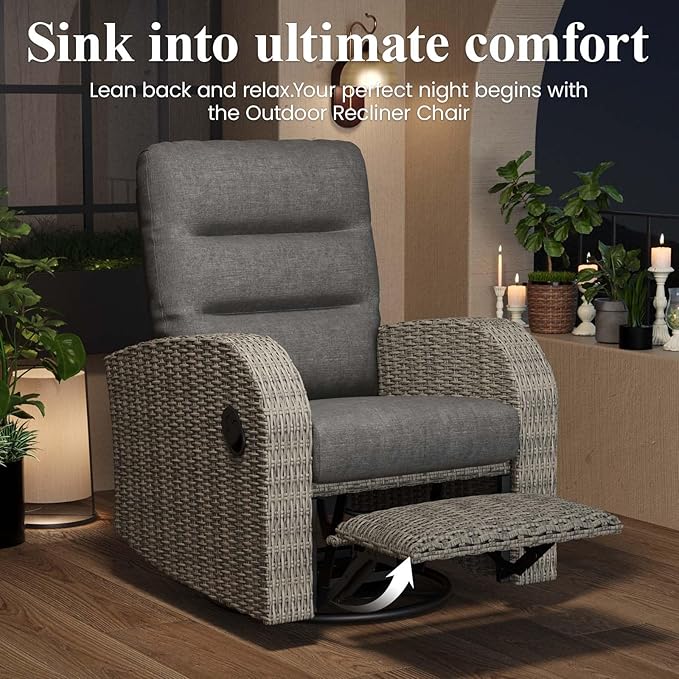 LayinSun Oversized Wicker Outdoor Swivel Glider Recliner with Adjustable Backrest & Footrest, Patio Reclining Lounge Chair - Set of 2