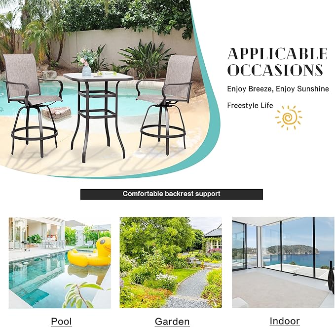Vongrasig 3 Piece Patio Swivel Bar Set, All Weather Mental Textilene High Swivel Stools Chair Set of 2 and Glass Bar Table, Outdoor High Top Bistro Set for Lawn Garden, Balcony, Taupe
