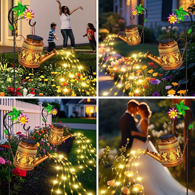 2 Packs Solar Watering Can Lights Hummingbird Garden Decor,Hanging Lanterns Outdoor,Birthday Gift for Mom Women Grandma,Waterproof Solar Fairy String Decorative Outside Lights for Yard Art Patio Porch