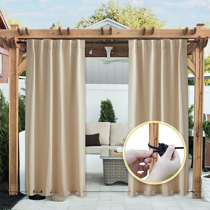 NICETOWN 2 Panels Outdoor Curtains for Patio Waterproof & Windproof, Grommet & Back Tab on Top & Bottom Weighted Drapes Keep Sun/Rain Out with Bouns Rope for Deck, Biscotti Beige, W52 x L108