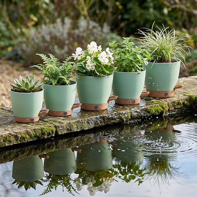 montresor 5 Pack Green 5/5.5/6/6.5/7 Inch Self Watering Planters for Outdoor, Plastic Plant Pots with Wick & Drainage, Small to Medium Indoor Pots for Snake Plant, Aloe