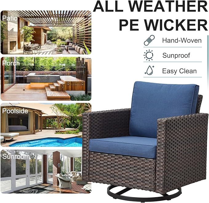 Belord Wicker Patio Furniture 5 Piece Outdoor Sofa Set, Oversize Outdoor Swivel Rocker Chairs with Rattan Ottomans, Conversation Sets Patio Furniture Come with Removable Cushion Blue, Anti-Rust Frame