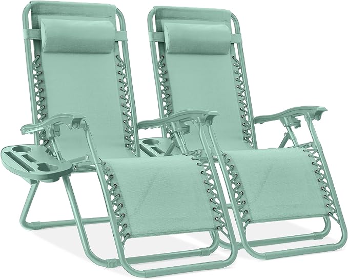 Best Choice Products Set of 2 Adjustable Steel Mesh Zero Gravity Lounge Chair Recliners w/Pillows and Cup Holder Trays - Seafoam