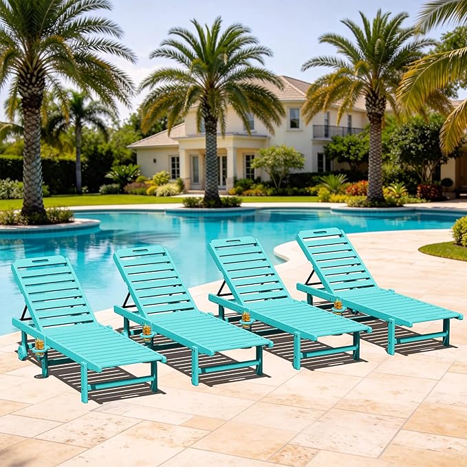 SERWALL Outdoor Chaise Lounge Set of 4, 78" Patio Lounge Chair with 5 Positions Adjustable Backrest, HDPE Lounger with Rolling Wheels & Cup Holder for Poolside, Beach, Garden, Aruba