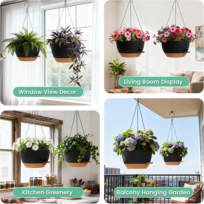13 Inch 2 Pack Large Self Watering Hanging Planters for Indoor Outdoor Plants, Hanging Plant Pots with Removable 50 Oz Reservoir, Plastic Hanging Basket for Window Porch Garden, Black with Brown