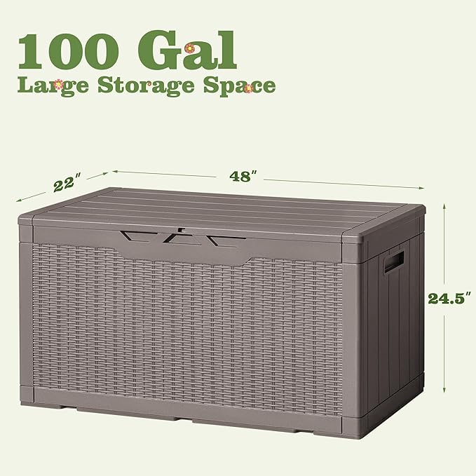 Flamaker Outdoor Storage Box 100 Gallon Waterproof Resin Deck Box Delivery Box with Air Rod Indoor Outdoor Lockable Storage Bench for Patio Cushions, Tools, Pool Accessories (Brown)