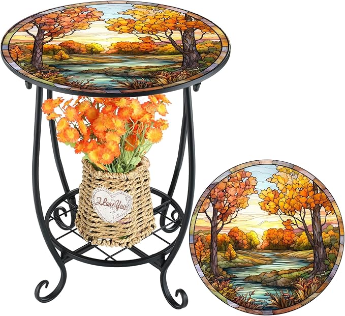 Outdoor Side Table Round Small Mosaic Patio Accent Indoor End Plant Coffee Tea Table for Yard Patio Porch Garden Living Room, Bedroom(Fall Style,14 Inch)