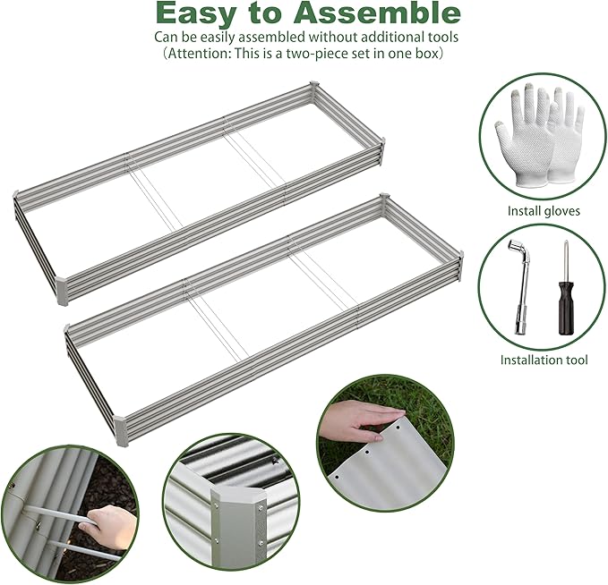 12x4x1ft(2 Pack) Raised Garden Beds Outdoor Kit, Galvanized Planter Garden Boxes Outdoor, Metal Raised Garden Beds for Vegetables,Fruits,Herb,Flower,Silver