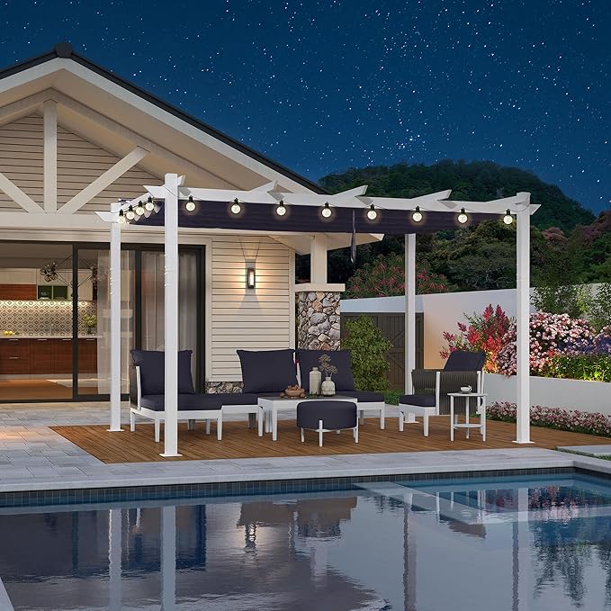 PURPLE LEAF 10' x 13' Patio Aluminum Pergola Outdoor White Heavy-Duty Retractable Metal Pergola with Double Sun Shade Canopy and Light for Backyard Gardens Deck, Navy Blue