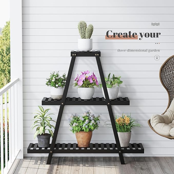 Plant Stand For Indoor Outdoor Tiered Plant Shelf 3 Tier 8 Potted Bamboo Flower Holder Ladder Rack For Multiple Triangle Table Plant Pot Stand (Black)