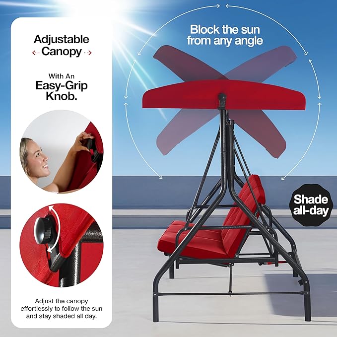 Porch Swing - 3-Seat Patio Outdoor Swing with Canopy for Adultes, Convertible Glider Bed, Thick Removable Cushions & Pillows for Backyard, Porch, Garden - Burgundy