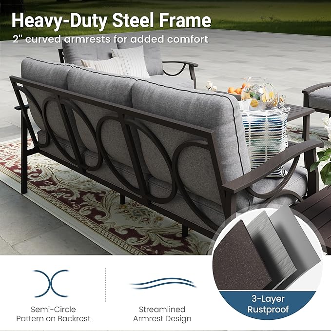 RoyalCraft 3 Seats Outdoor Patio Furniture Set, Outdoor Metal Sectional Furniture with Cushions, Outdoor Conversation Set with Coffee Table for Balcony, Backyard, Garden, Deck, Grey